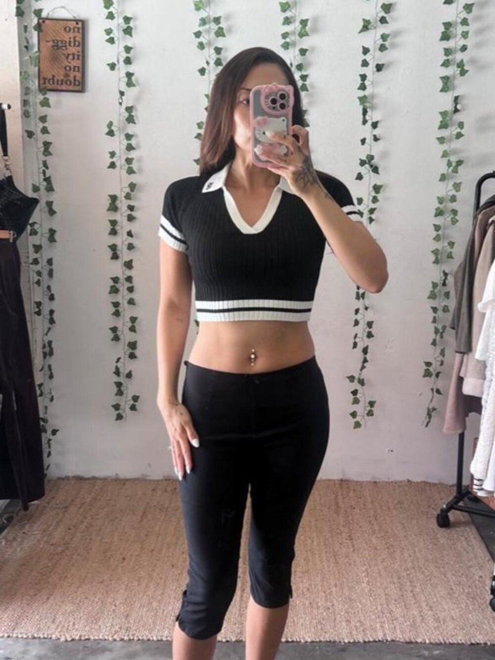 Anna Sui black and white ribbed knit polo crop top size S